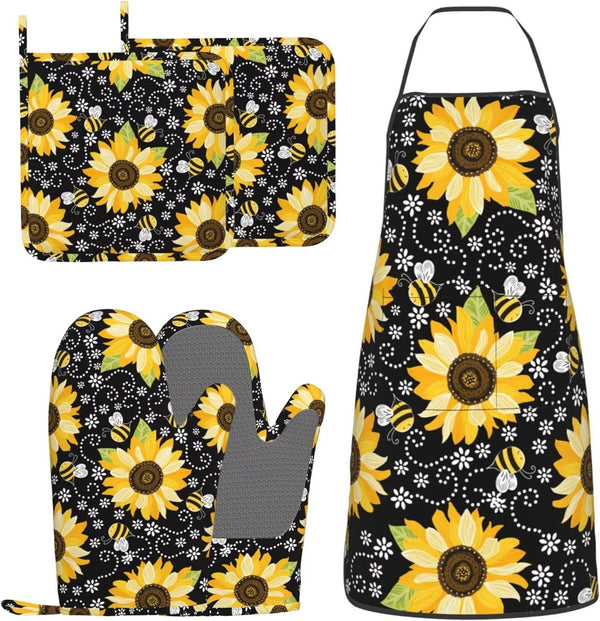 Sunflower Bees Oven Mitts and Pot Holders Set, 5 Silicone Sunflowers Kitchen Gloves and Apron Set