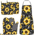 Sunflower Bees Oven Mitts and Pot Holders Set, 5 Silicone Sunflowers Kitchen Gloves and Apron Set