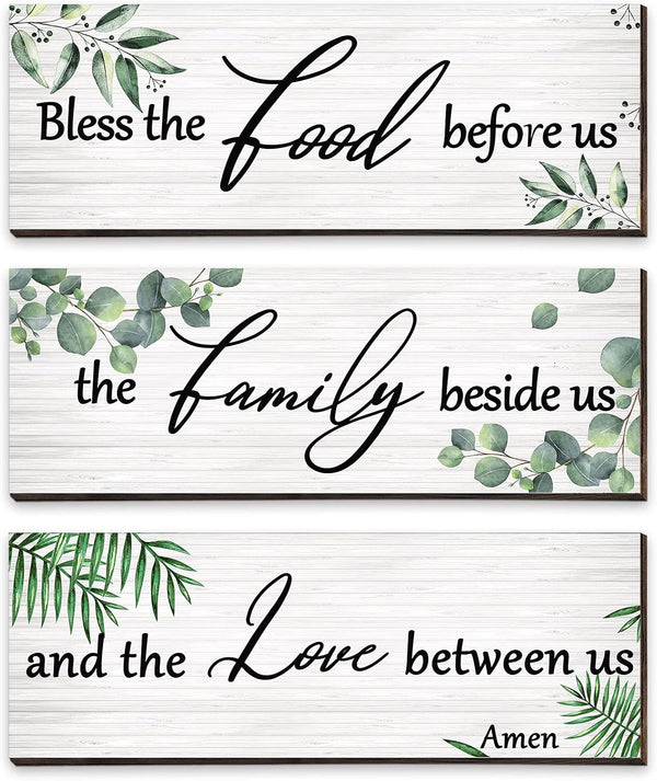 Maitys 3 Pieces Eucalyptus Greenery Wooden Wall Sign, Bless Family Food Love Plaque, Rustic Porch Decor, Green Leaves
