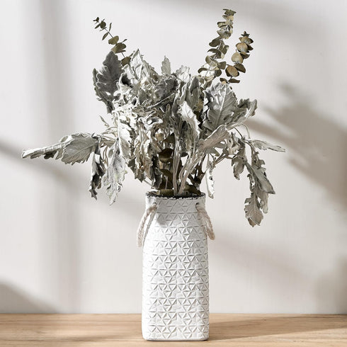 8.66 inch Vaseking Elegant White Petite Vase, Ceramic Modern Minimalism Geometric Texture Purse Vase with Hanging Rope