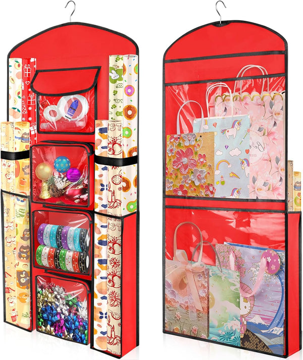 Hanging Gift Wrapping Paper Storage, 40"X17" Red Double-Sided Christmas Wrapper Bag for Craft Roll