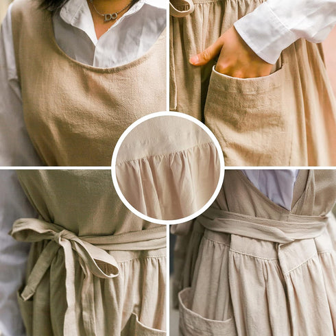 Premium Plus Size Adjustable Waistline Bib Apron, Soft Cotton Blend with Pockets (Cream Color)