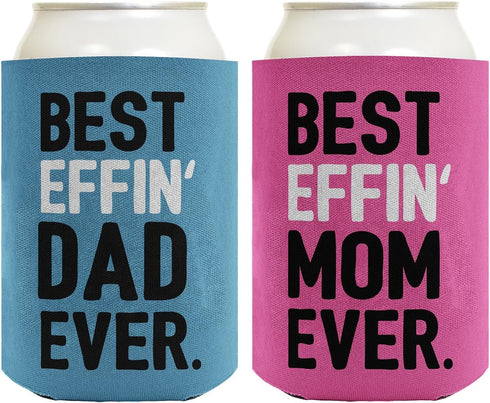 Mom Dad Gifts Best Effin' Mom and Dad Ever, Funny Announcement Gift Set, 2 Pack Can Coolie Drink Coolers