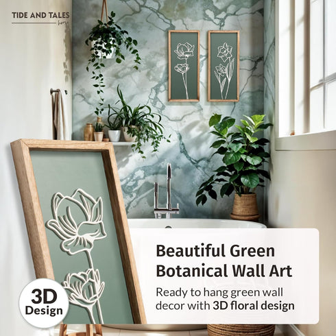 3D (Set 2) Floral Green Wall Art of Lightweight, Wooden Ready-to-Hang Boho Framed Wall Art for Bathroom, Bedroom