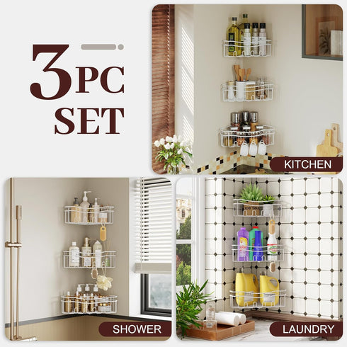 STAHLHEART 3-Pack White Shower Caddy Corner, Adhesive Shower Shelves for Inside Shower, Rustproof Bathroom Organizer