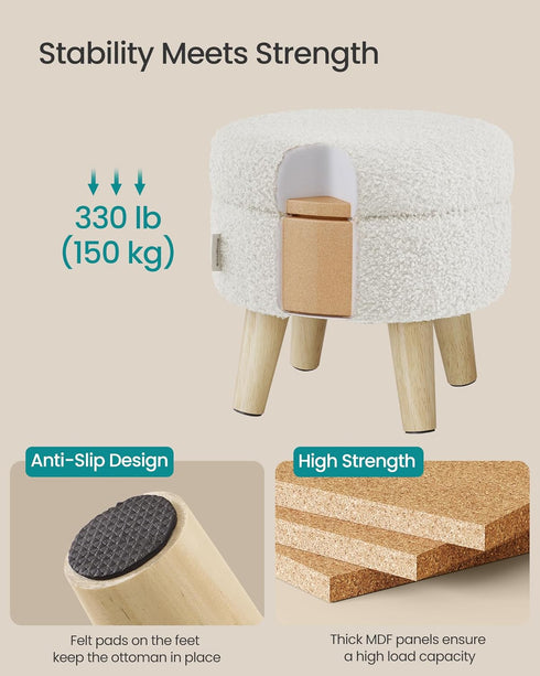 12.2 Inches, ULOM515WD01 SONGMICS Storage Ottoman, Foot Stool, Round Ottoman with Padded Seat, Foot Rest with Wood