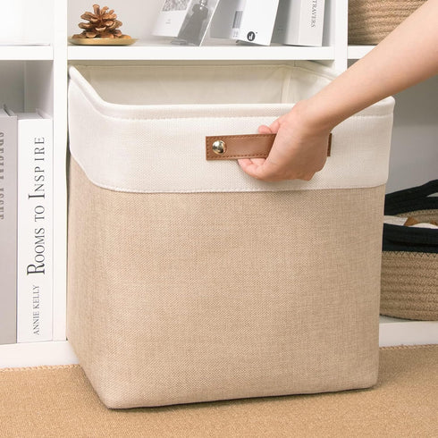 DULLEMELO Cube Storage Bin 13x13, Collapsible Fabric Storage Cube for Organizing Toys, Clothes, Nursery, White & Khaki.