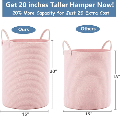 15x20 Inches, 60L Large Pink Laundry Basket Woven Rope Hamper for Baby Girls and Kids, Tall Nursery Storage Bin, Kawaii