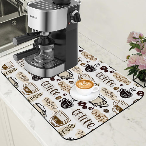 POIUBLE Coffee Cute Doodle Dish Drying Mat for Kitchen Counter Coffee Bar Mat