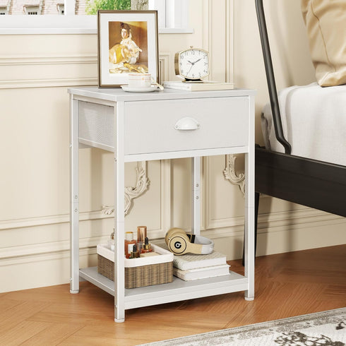 2 Furologee White Nightstand with Fabric Drawer, Small Side Table for Small Spaces, Tiers Storage Shelves End Table