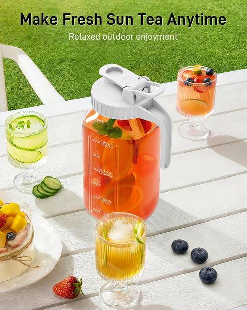64 oz Glass Pitcher with Lid, Large Wide Mouth Mason Jar with Pour Spout, White Sun Tea Glass Jar for Outside