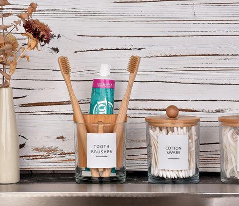 onsogi Countertop, Countertops 1 Pack Glass Toothbrush and Toothpaste Holder with Bamboo Divider for Bathroom