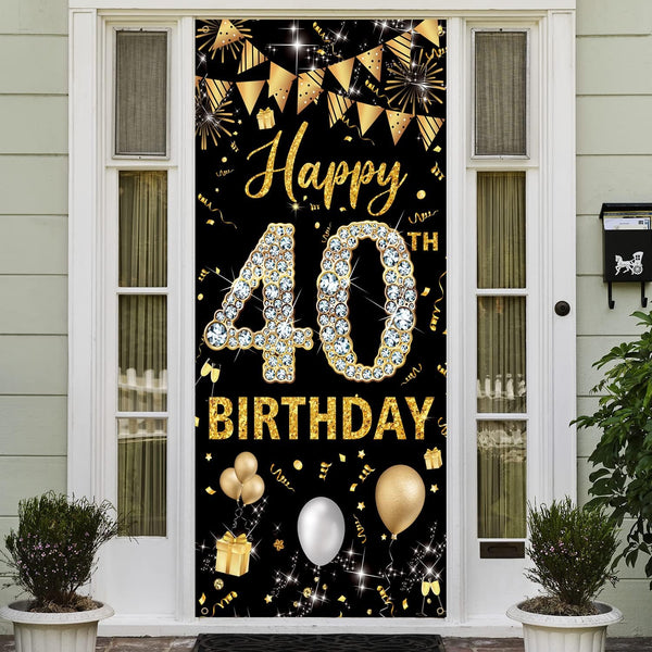40th Birthday Decorations Door Banner, Black Gold Happy 40th Birthday Sign Poster Decor, 6.1ft x 3ft Fabric Backdrop