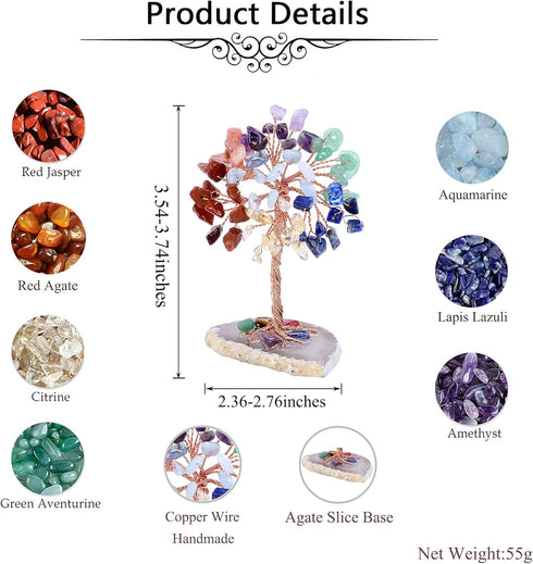 Jovivi Natural 7 Chakra Healing Crystals Tree on Agate Slice Base, Healing Stones Gem Money Tree for Feng Shui Home