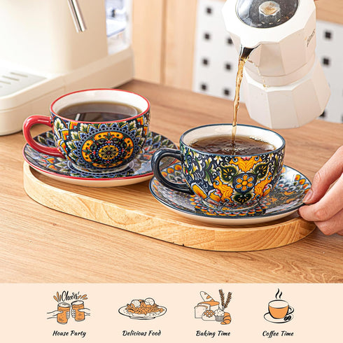 8.5 oz Set, Set 6, Henten Home Cappuccino Cup and Saucers Ceramic Coffee Cup of Bohemian Cup for Latte, Tea, Hot Cocoa