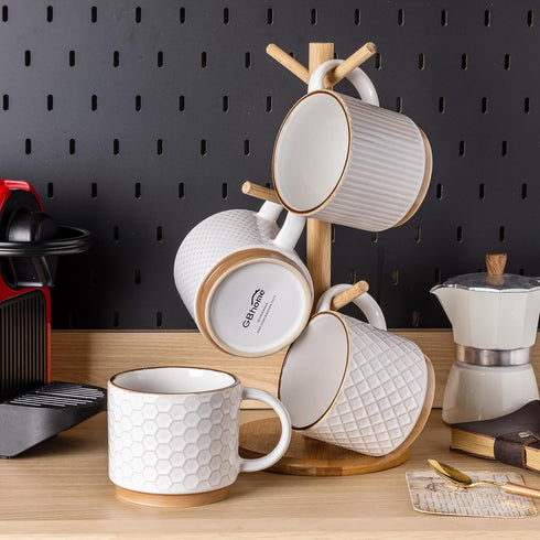 12OZ Set 4 GBhome Stackable Coffee Mugs with Stand, Ceramic Coffee Mugs with Texture Patterns for Man,Woman,Dad,Mom