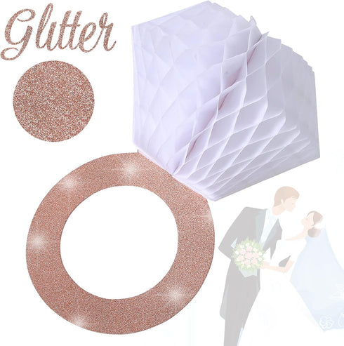 Engagement Party Decorations - Bridal Shower Supplies, Honeycomb Ring Hanging Decorations, Rose Gold Glitter Diamond