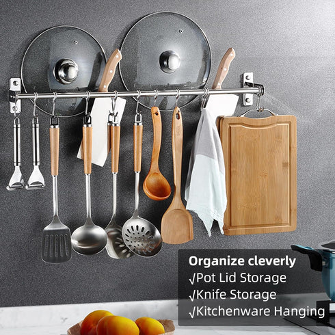 ASkinds Utensil Hanging Rack, Stainless Steel Wall Mounted Pot Pan Lid Holder for Kitchen Storage
