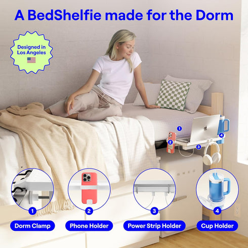 BedShelfie Bedside Shelf for College Dorm Room, Clip On Nightstand, Floating Bedside Table Tray Organizer, White