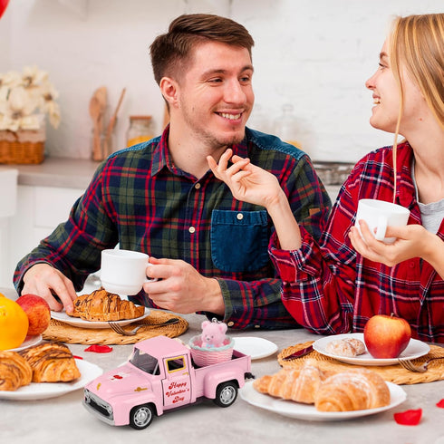 Hooqict Pink Valentines Day Mini Metal Truck with Flower Basket Romantic Love Heart Truck for Valentine's Day Gifts