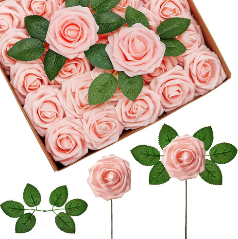 InnoGear 50 Pcs Blush Foam Fake Roses with Stems for DIY Wedding Bouquets, Centerpieces, Bridal Shower, Christmas