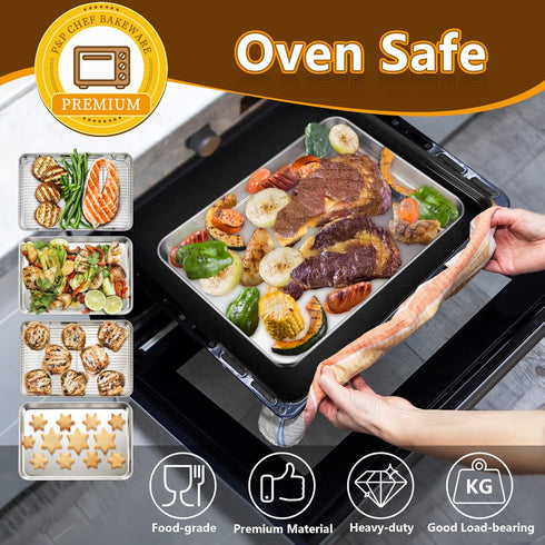 P&P CHEF 12.5 Inch Toaster Oven Pan and Rack Set, 4 Pieces Stainless Steel Baking Pans with Cooling Rack
