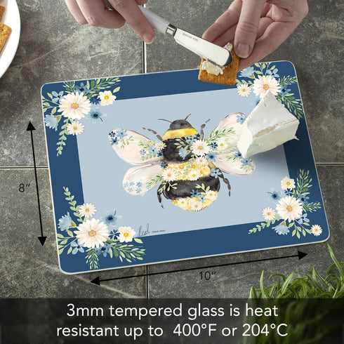 CounterArt Beautiful Bee 3mm Tempered Glass Cutting Board, 10” x 8”, Dishwasher Safe, USA Made