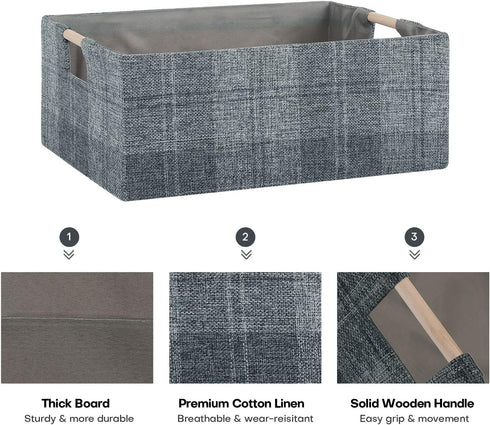 Fabric Storage Bin Box Collapsible Cotton Linen Storage Cube with Wooden Handles Rectangular Decorative Home Organizer Clothes Blanket Basket– Dark Gray Plaid, Medium