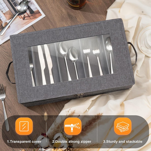Flatware Utensil Storage Case, Silverware Storage Box Chest with Adjustable Dividers, Cutlery Storage Holder with Zipper Lid for Organizing Cutlery, Flatware, Knives, Large Capacity Gray by Lafulling