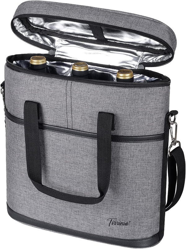 Tirrinia Insulated Wine Gift Carrier - 3 Bottle Travel Cooler Tote Bag with Handle, Grey