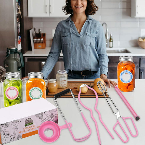 Home Canning Supplies Starter Kit, Food Grade Stainless Steel Canning Tools Set for Beginners, Pink