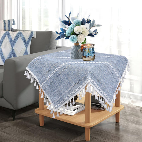 24''x24'', Country Summer Dusty Blue and White Small Tablecloth Spring Boho Square Nightstand Cover, Rusitc Farmhouse