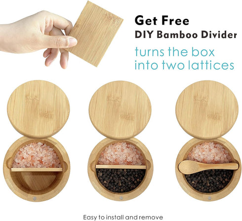ThougrLyh Salt Box Bamboo Salt Container with Swivel Lid with Magnetic to Easily Open and Seal Salt Cellar With Spoon