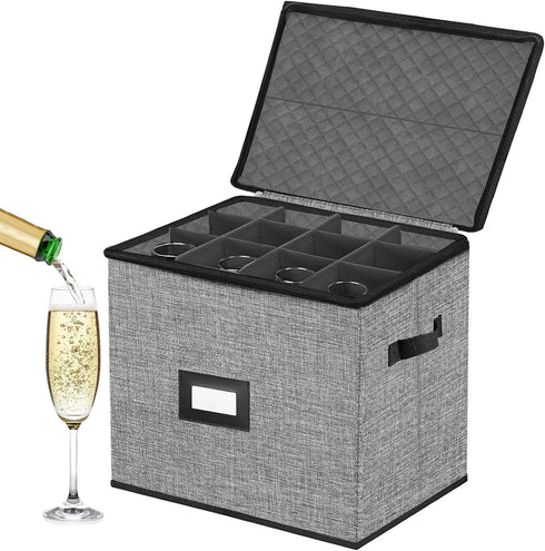 Champagne Flute Storage Box, Quilted Hard Shell Container for Wine Glasses, Stackable, Grey