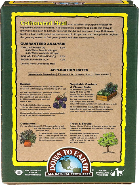 6-2-1, 5 lb Down To Earth All Natural Fertilizers Organic Cottonseed Meal - Plant Food for Low pH Acid Soil Loving