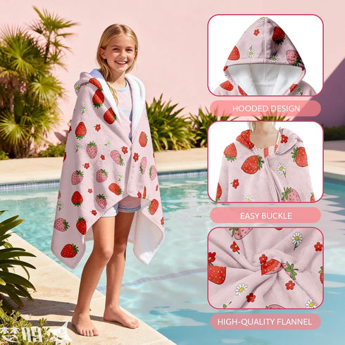 JOPJOLIW 30" 50", Cozy Strawberry Hooded Towel for Kids,Cute Pink Hooded Blanket for Toddlers X Warm Wearable Bath