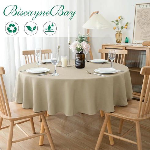 Biscaynebay 60" Textured Fabric Round Tablecloths for Tables 28" to 48", Natural Water Resistant Covers for Dining,