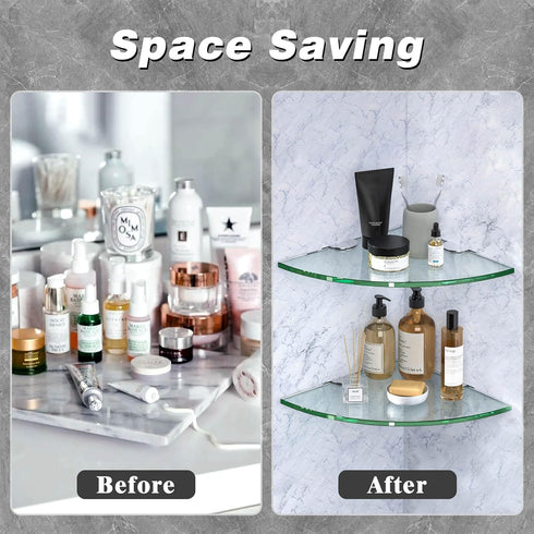 decorstat 2 Pack 8MM-Thick Corner Glass Shower Caddy Tempered Glass Shelf No Drilling Wall Mount Corner Mounted Shelves