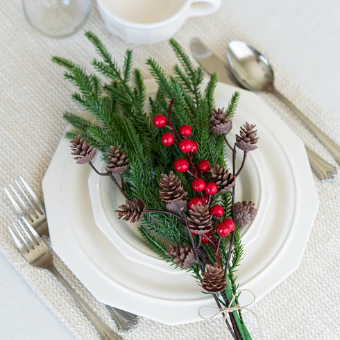 17 Branches,19 Inch HyeFlora PCS Christmas Norfolk Pine Stems with Small Pinecones and Red Berries Real Touch