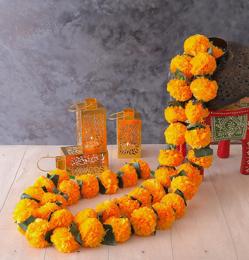 5 PC - 4.5 feet Marigold Garland with Green Leaves, Indian/American Wedding Party Decoration, Faux Floral