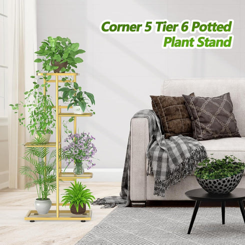 Facofaco 5 6 Tier Potted Gold Plant Stand Indoor Outdoor with Gardening Tools and Gloves, Upgraded Corner Metal Plant
