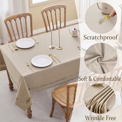 55 87 Inchs, Farmhouse Linen Textured Tablecloth Lattice Cutwork Waterproof & Stain Resistant Table Cloth Rectangle
