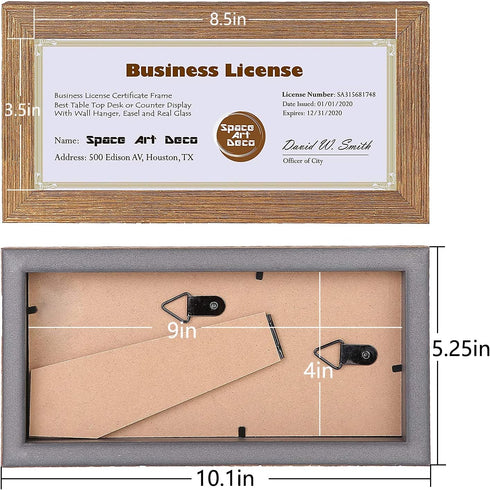 Space Art Deco, 4x9 Gold Textured Frame for Business License/Certificates, Tempered Glass, 1-Pack