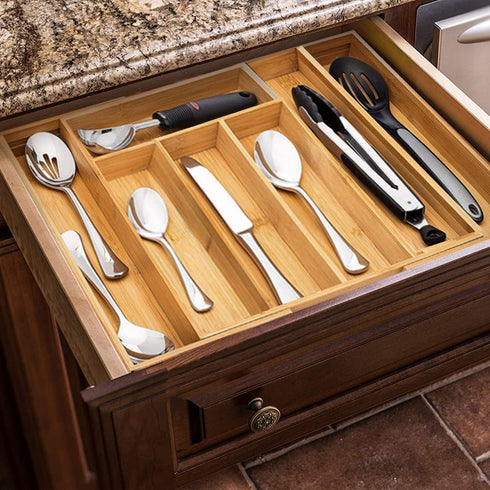 Bamboo Drawer Organizer Expandable Cutlery Tray Adjustable Utensils Holder 5-7 Compartments Wood Drawer Dividers Organizer for Storing Silverware, Flatware, Knives in Kitchen, Bedroom, Living Room by simpdecor