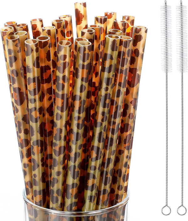 Leopard Straws Bulk, Reusable Plastic Cheetah Animal Straws with Cleaning Brush for Women Tumblers, 27 Pieces