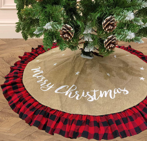 AISENO 48 Inch Christmas Tree Skirt Linen Burlap Buffalo Plaid Edge Decoration for Merry Christmas