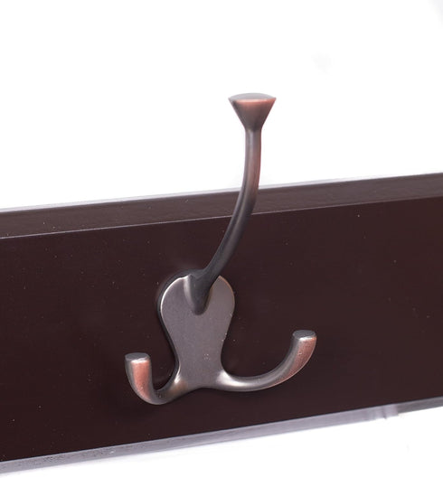 BIRDROCK HOME Tri Hook Coat Rack - 5 Hooks, Wall Mount Hat Rack, Brown Finish