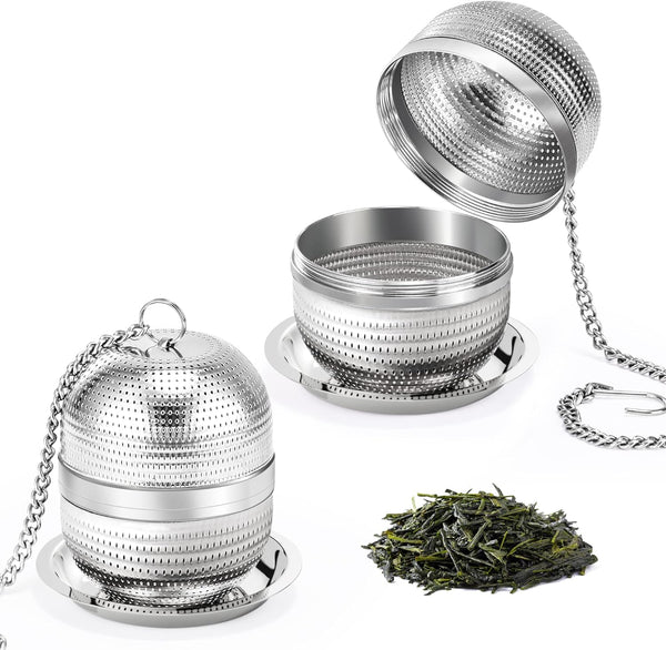 2 Pack Tea Infusers for Loose Tea, Extra Fine Mesh Stainless Steel Tea Strainers with Extended Chain Hook and Drip Tray