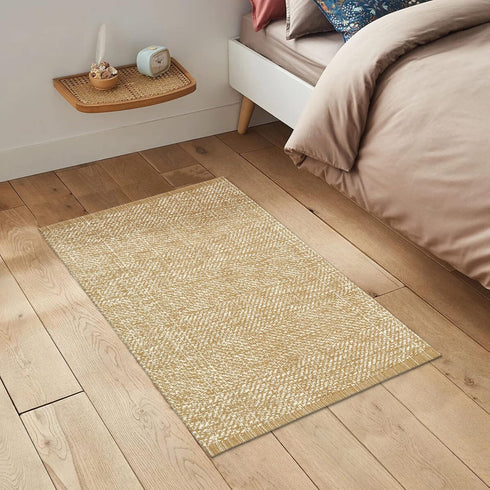 LEEVAN Washable Bathroom Rug - 2'x3' Low Profile Entryway Mat, Tan Cotton Reversible Kitchen Rug for Farmhouse Decor
