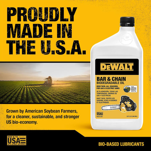 32 oz DEWALT Biodegradable Bar & Chain Oil Green, Eco-Friendly, Non-Toxic Professional Bar & Chainsaw Lubricant